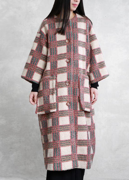 Trench Coat Coat Nude Plaid Pockets Button Wool Coat for Woman