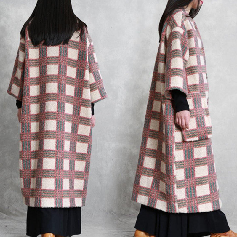 Trench Coat Coat Nude Plaid Pockets Button Wool Coat for Woman