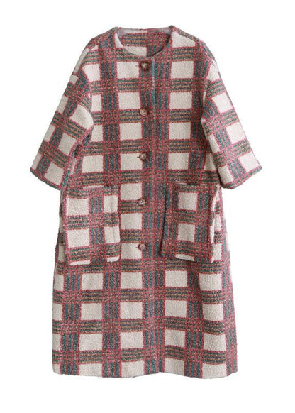 Trench Coat Coat Nude Plaid Pockets Button Wool Coat for Woman