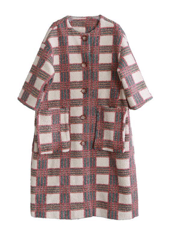 Trench Coat Coat Nude Plaid Pockets Button Wool Coat for Woman