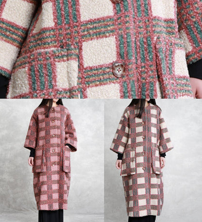 Trench Coat Coat Nude Plaid Pockets Button Wool Coat for Woman