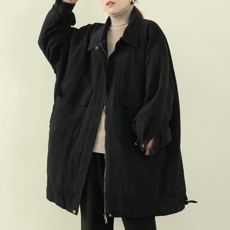Warm Winter Coat Black Lapel Zippered Coat