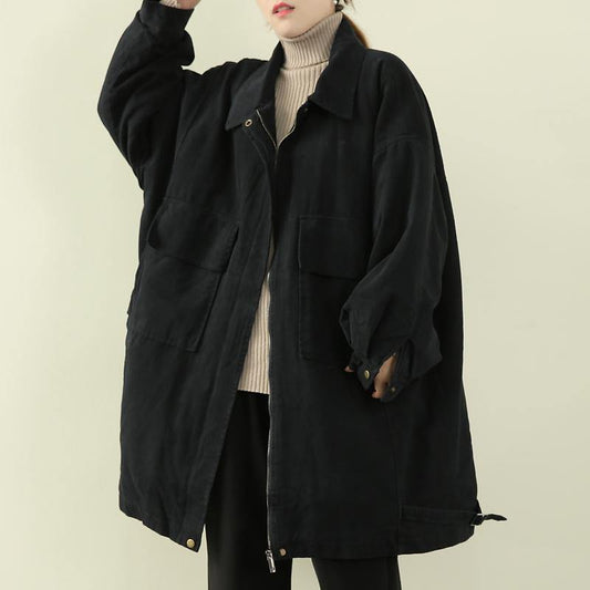 Warm Winter Coat Black Lapel Zippered Coat