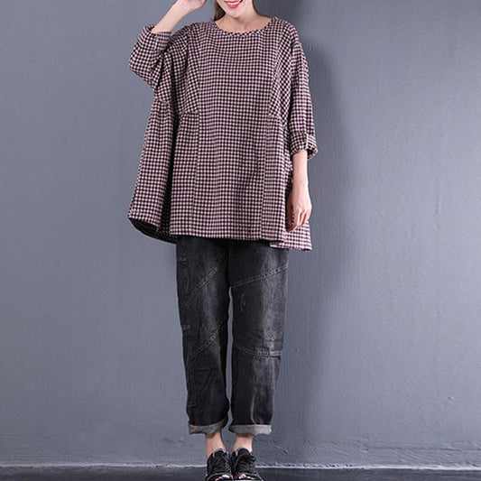 Cotton Blended Blouse Round Neck Long Sleeve Spring Loose Shirt