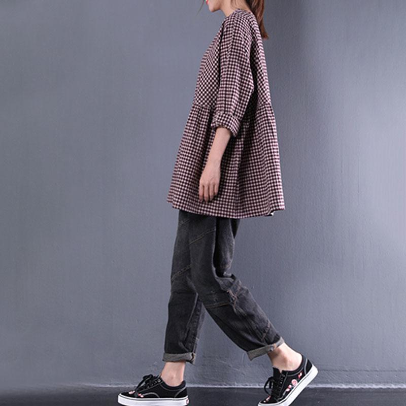 Cotton Blended Blouse Round Neck Long Sleeve Spring Loose Shirt