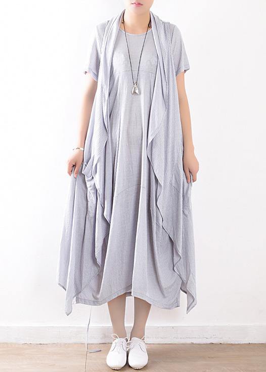 Cotton Blended Light Blue Striped Long Dress With Sleeveless Coats