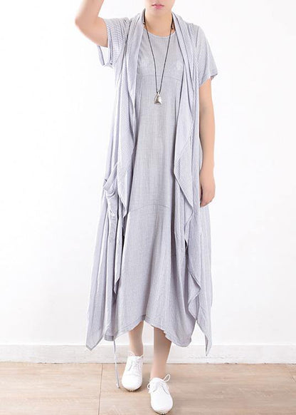 Cotton Blended Light Blue Striped Long Dress With Sleeveless Coats