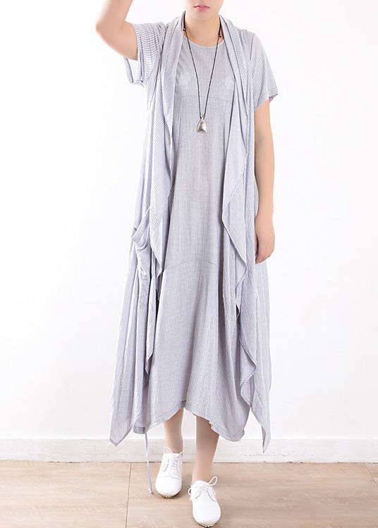 Cotton Blended Light Blue Striped Long Dress With Sleeveless Coats