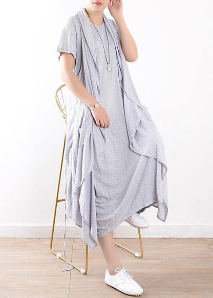 Cotton Blended Light Blue Striped Long Dress With Sleeveless Coats