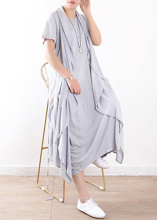 Cotton Blended Light Blue Striped Long Dress With Sleeveless Coats