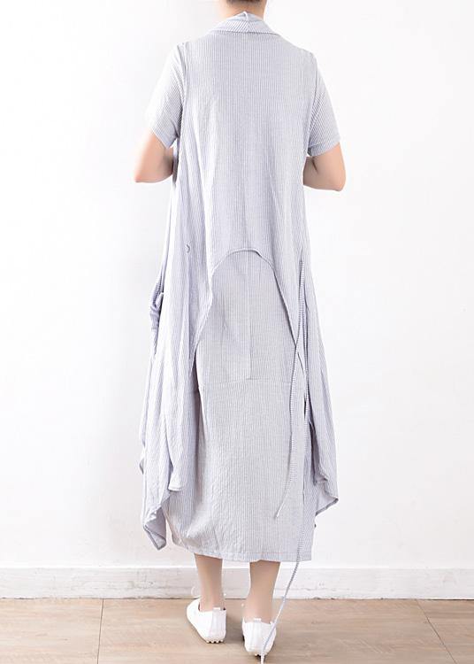 Cotton Blended Light Blue Striped Long Dress With Sleeveless Coats