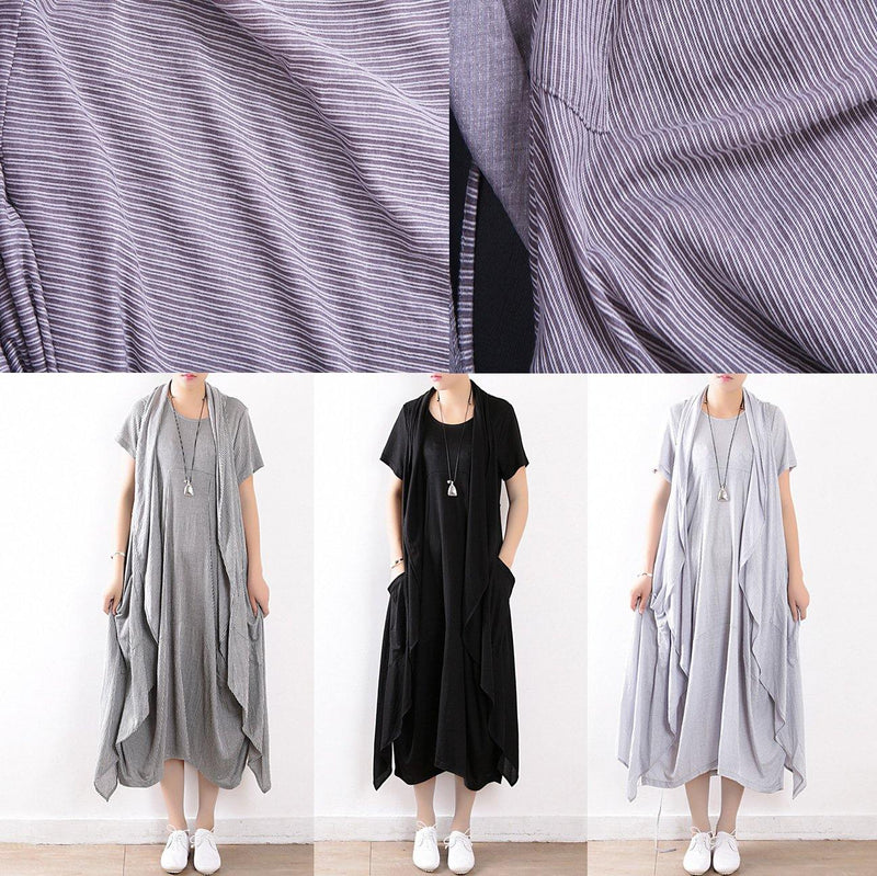 Cotton Blended Light Blue Striped Long Dress With Sleeveless Coats