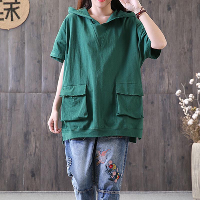 Cotton Blouse Oversized Hooded Short Sleeve Pullover Cotton Green Tops