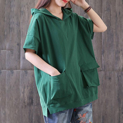 Cotton Blouse Oversized Hooded Short Sleeve Pullover Cotton Green Tops