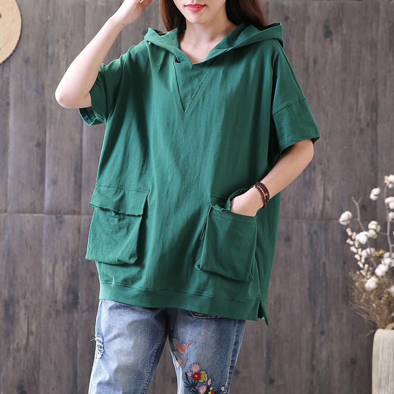 Cotton Blouse Oversized Hooded Short Sleeve Pullover Cotton Green Tops