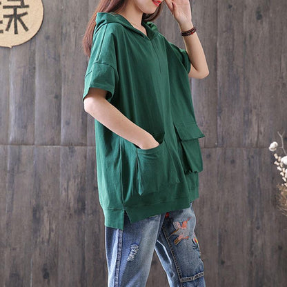 Cotton Blouse Oversized Hooded Short Sleeve Pullover Cotton Green Tops