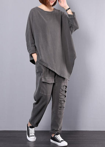 Cotton Gray Asymmetric Tops and Big Pockets Sport Pants Two Pieces