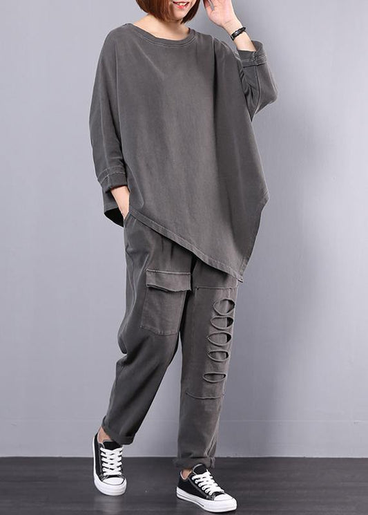 Cotton Gray Asymmetric Tops and Big Pockets Sport Pants Two Pieces
