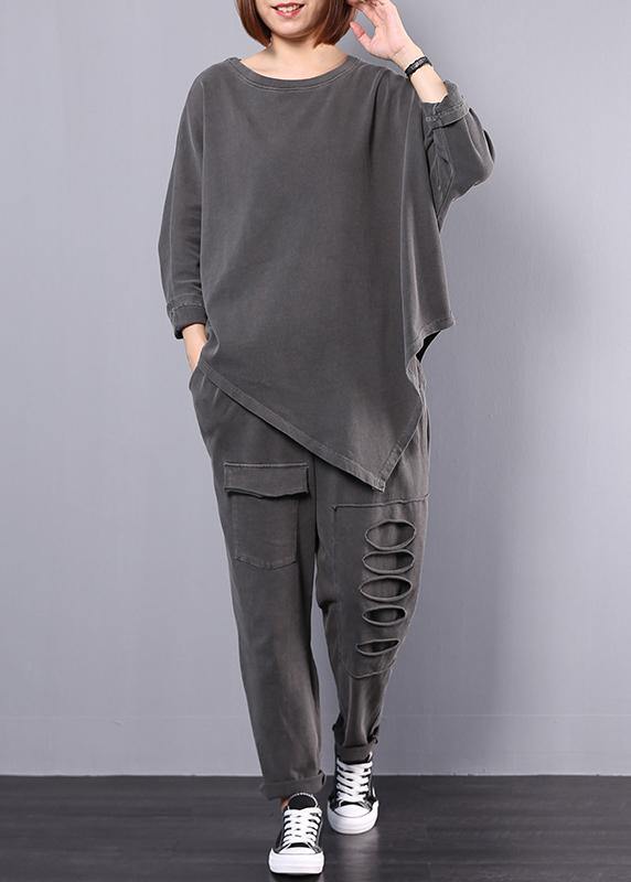 Cotton Gray Asymmetric Tops and Big Pockets Sport Pants Two Pieces
