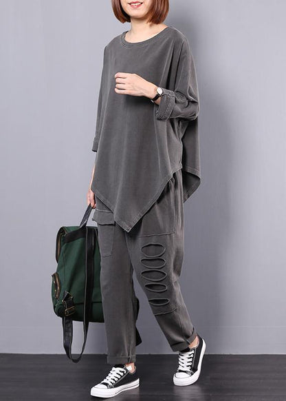 Cotton Gray Asymmetric Tops and Big Pockets Sport Pants Two Pieces