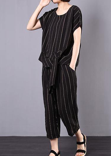 Cotton Linen Black Striped Two Pieces Short Sleeve Blouse and Drawstring Elastic Waist Pants