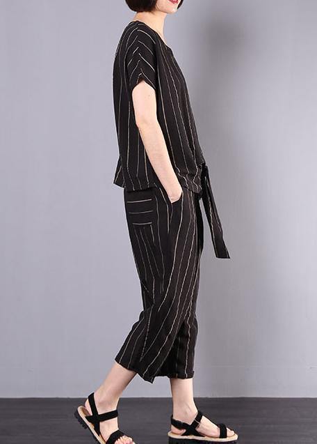 Cotton Linen Black Striped Two Pieces Short Sleeve Blouse and Drawstring Elastic Waist Pants