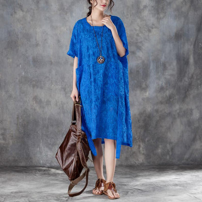 Cotton Shift Dress Oversized Loose Round Neck Short Sleeve Irregular Blue Dress