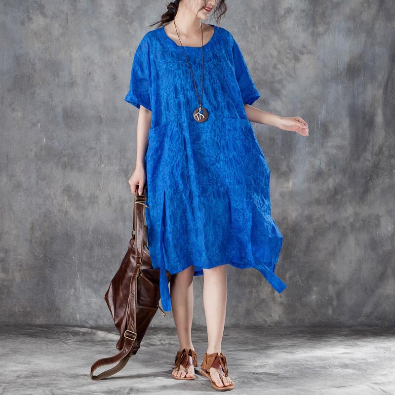 Cotton Shift Dress Oversized Loose Round Neck Short Sleeve Irregular Blue Dress