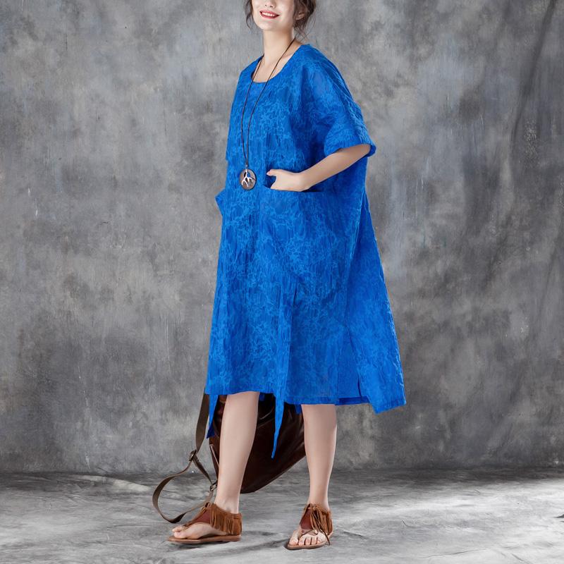 Cotton Shift Dress Oversized Loose Round Neck Short Sleeve Irregular Blue Dress