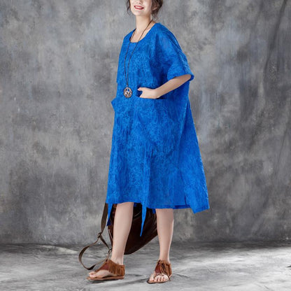 Cotton Shift Dress Oversized Loose Round Neck Short Sleeve Irregular Blue Dress
