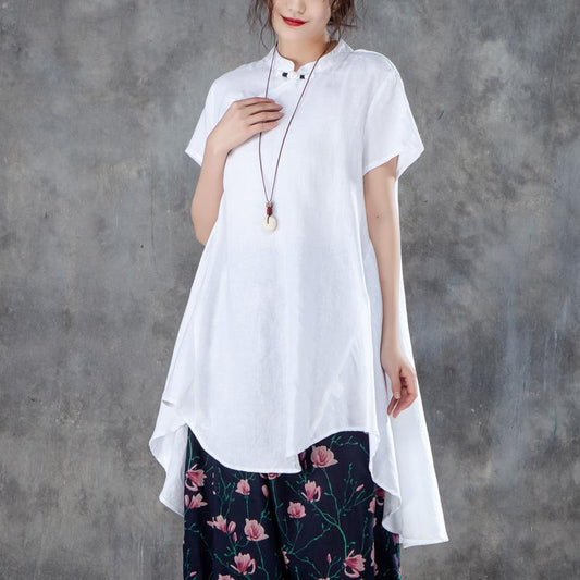 Cotton Shirts Stand Collar Short Sleeve Irregular White Tops