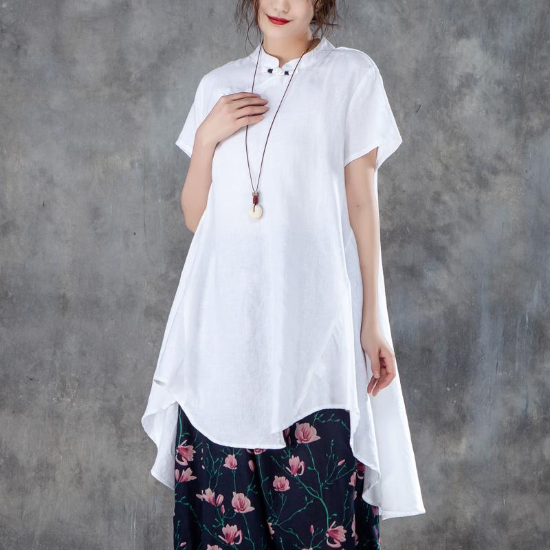 Cotton Shirts Stand Collar Short Sleeve Irregular White Tops