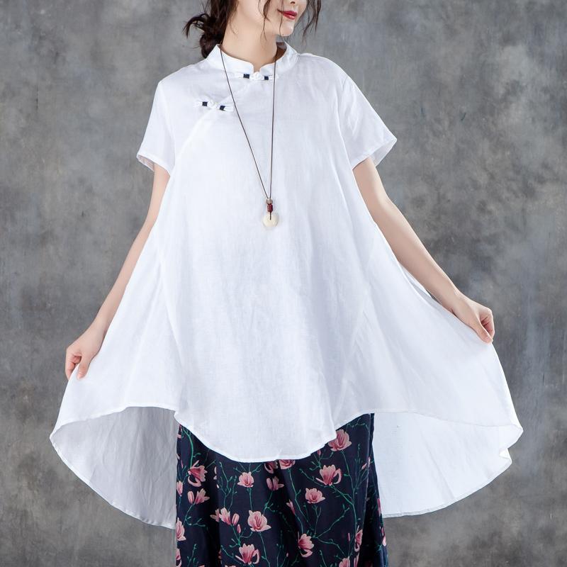 Cotton Shirts Stand Collar Short Sleeve Irregular White Tops