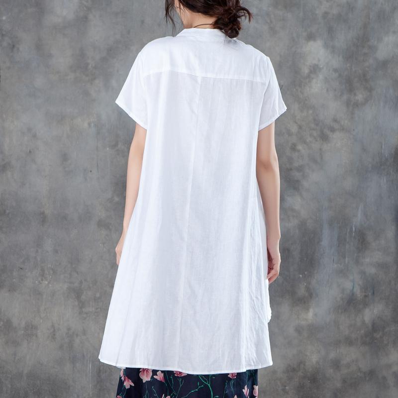 Cotton Shirts Stand Collar Short Sleeve Irregular White Tops