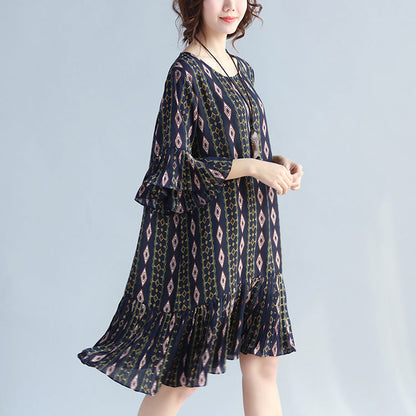 Dark Blue Prints Chiffon Dresses Chiffon Maxi Dress Ruffles Hem Ruffles Sleeve Chiffon Dress
