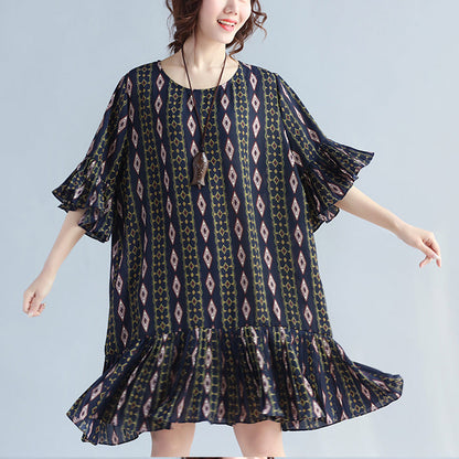 Dark Blue Prints Chiffon Dresses Chiffon Maxi Dress Ruffles Hem Ruffles Sleeve Chiffon Dress