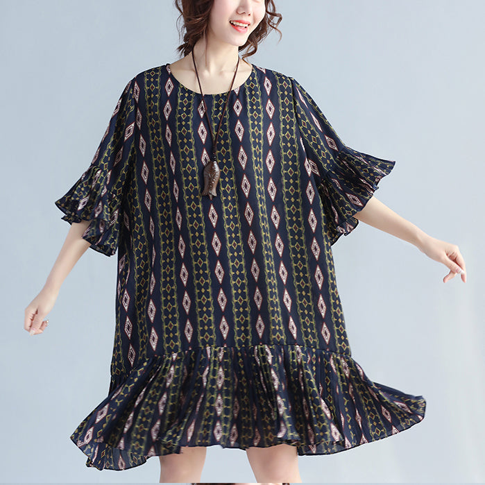 Dark Blue Prints Chiffon Dresses Chiffon Maxi Dress Ruffles Hem Ruffles Sleeve Chiffon Dress