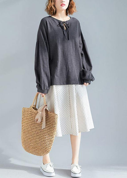 women dark gray o neck Puff Sleeve cotton fall top