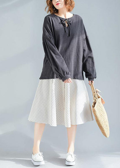 women dark gray o neck Puff Sleeve cotton fall top