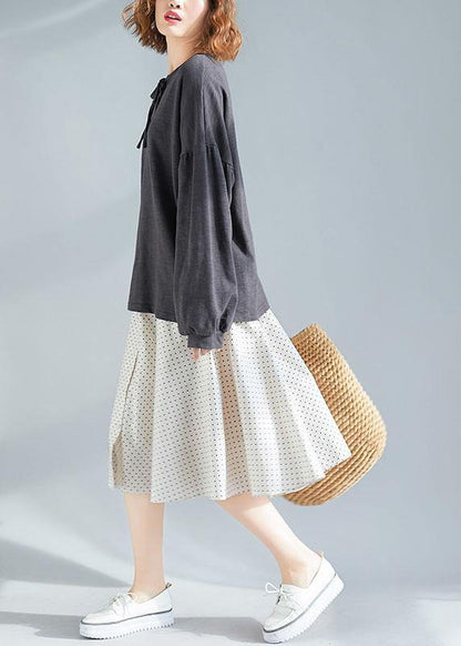 women dark gray o neck Puff Sleeve cotton fall top