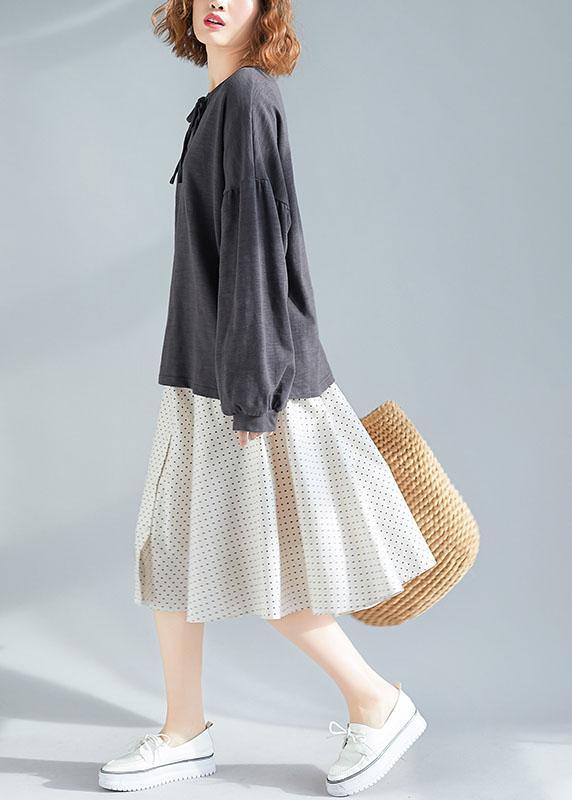 Dark Gray O Neck Puff Sleeve Cotton Fall Top