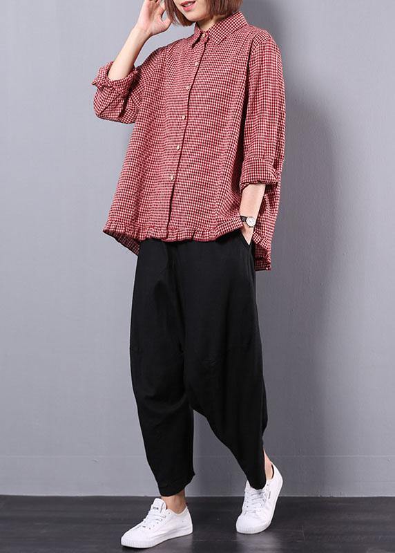 Fall Cotton Linen Two Pieces Red Plaid Lapel Collar Shirt and Black Harem Pants