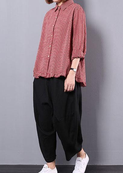 Fall Cotton Linen Two Pieces Red Plaid Lapel Collar Shirt and Black Harem Pants