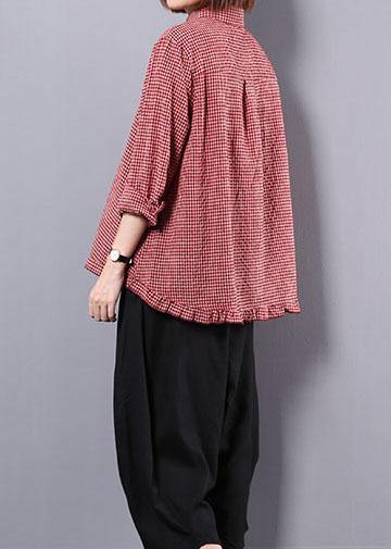 women fall cotton linen two pieces red plaid lapel collar shirt and black harem pants