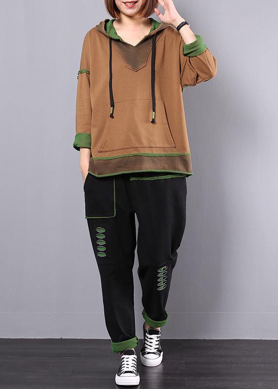 Cotton Yellow Hooded Tops and Black Elastic Waist Pants