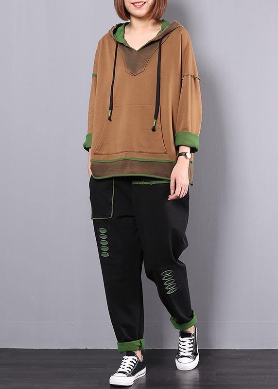 women fashion cotton yellow hooded tops and black elastic waist pants