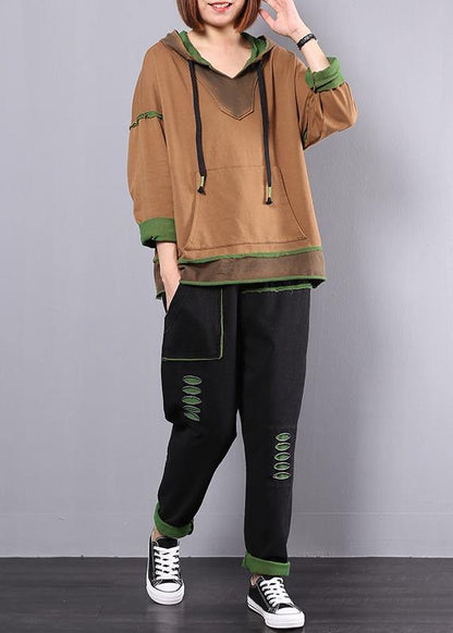 women fashion cotton yellow hooded tops and black elastic waist pants