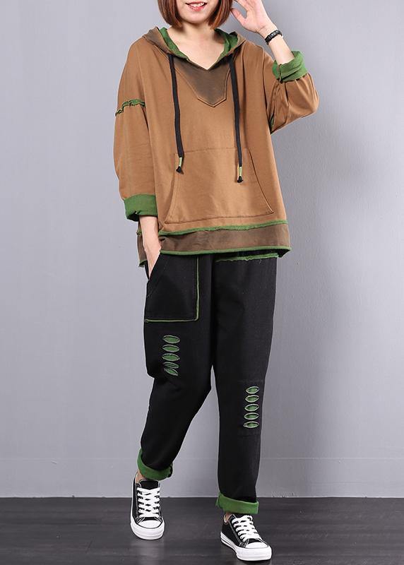 Cotton Yellow Hooded Tops and Black Elastic Waist Pants
