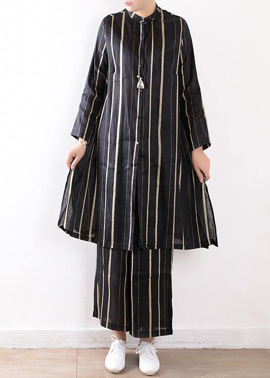 Linen Black Two Pieces Long Sleeve Silk Shirt With Wide Leg Pants