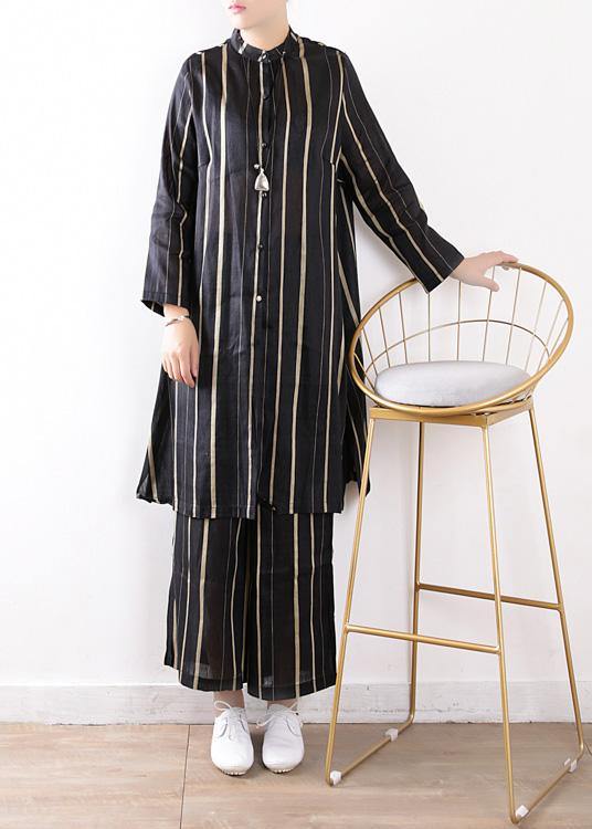 Linen Black Two Pieces Long Sleeve Silk Shirt With Wide Leg Pants
